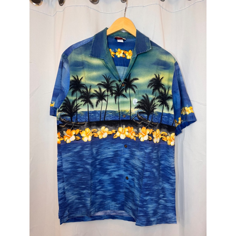 Winnie Fashion 100% Cotton Hawaiian Shirt Palm Tree Floral Print Aloha Shirt LG